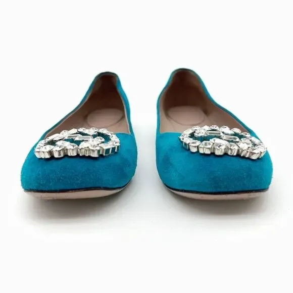 GUCCI Interlocking Crystal GG Ballet Flat Size 37 US 7 Teal Blue Suede - Picture 5 of 13